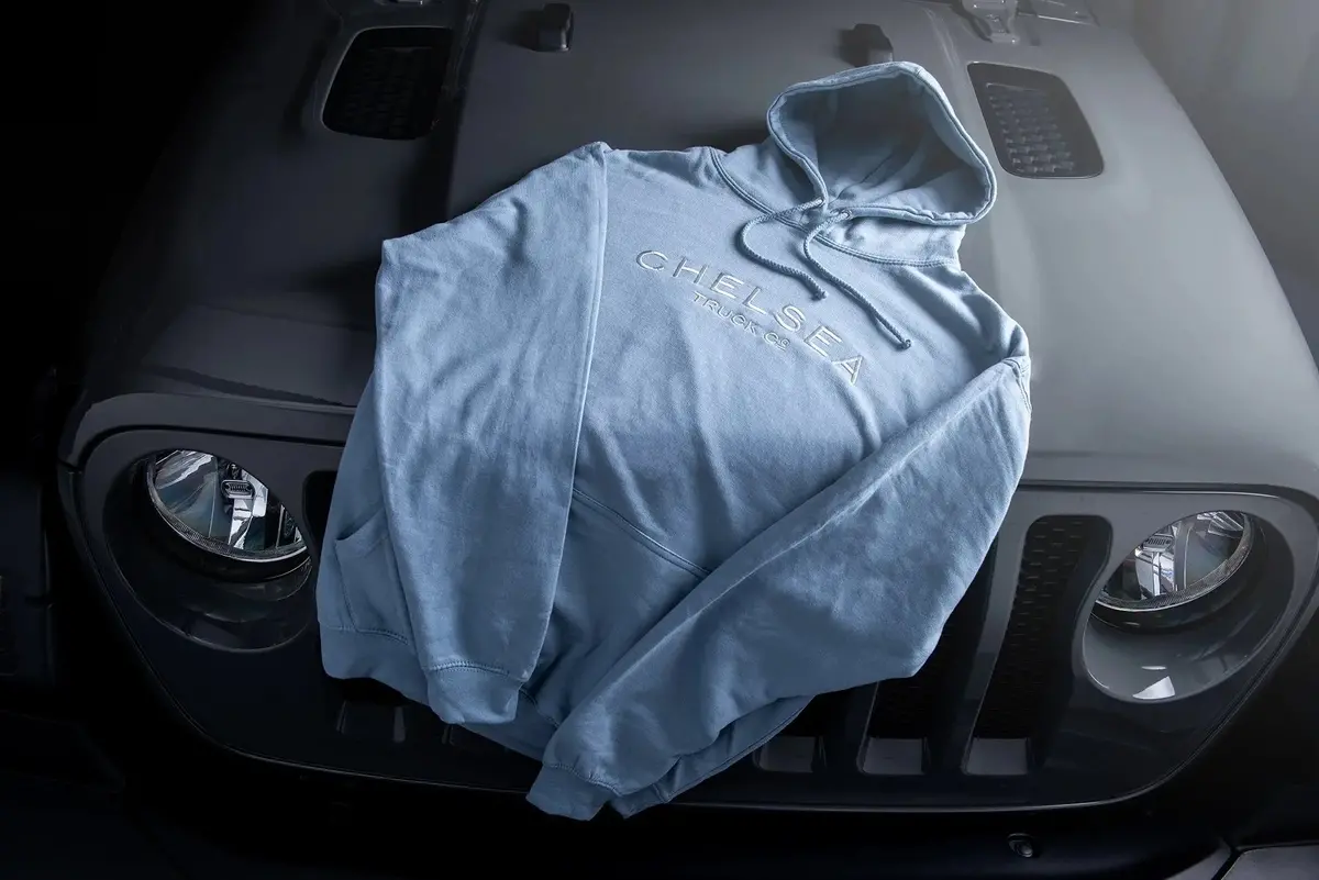 Men's Dusty Blue With White Embroidery Chelsea Truck Co Hoodie 1