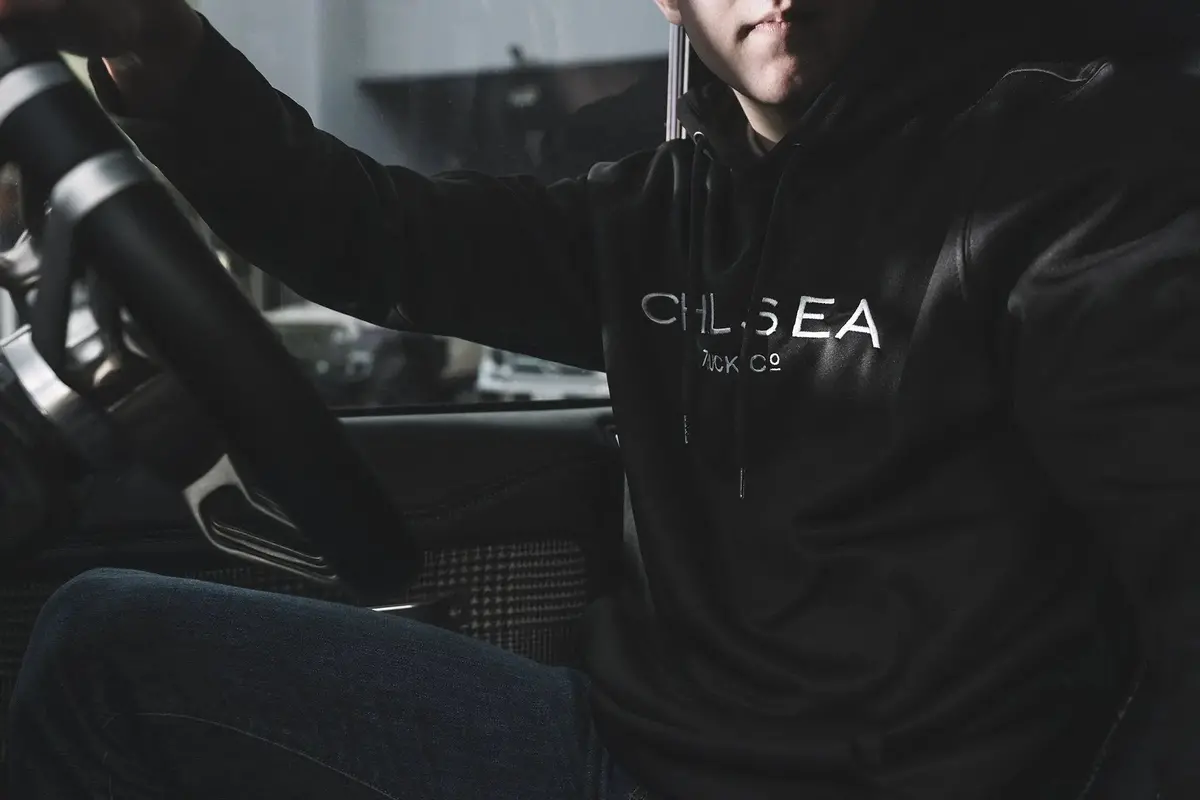 Men's Black With White Embroidery Chelsea Truck Co Hoodie 4