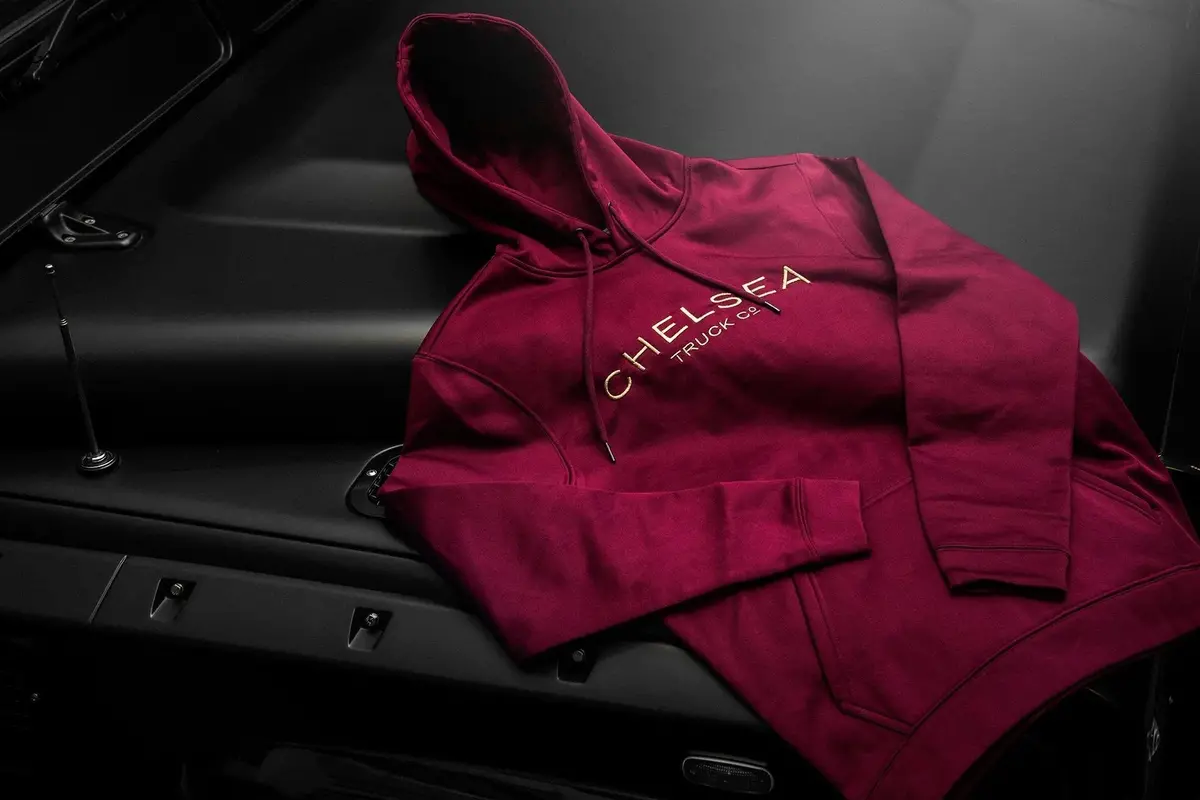 Women's Berry Red With Gold Embroidery Chelsea Truck Co Hoodie 1