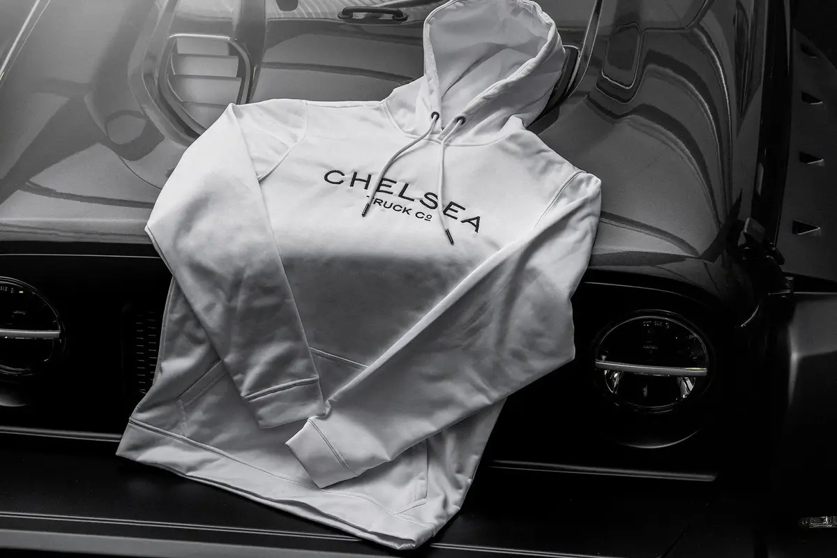 Men's White With Black Embroidery Chelsea Truck Co Hoodie 1