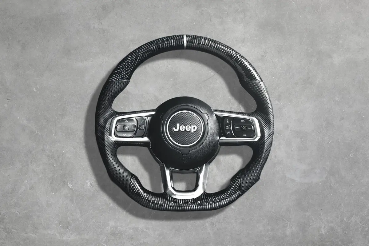 Jeep Wrangler Jl (2018 Onwards) Carbon Sports Heated Steering Wheel With Kahn Lettering 1