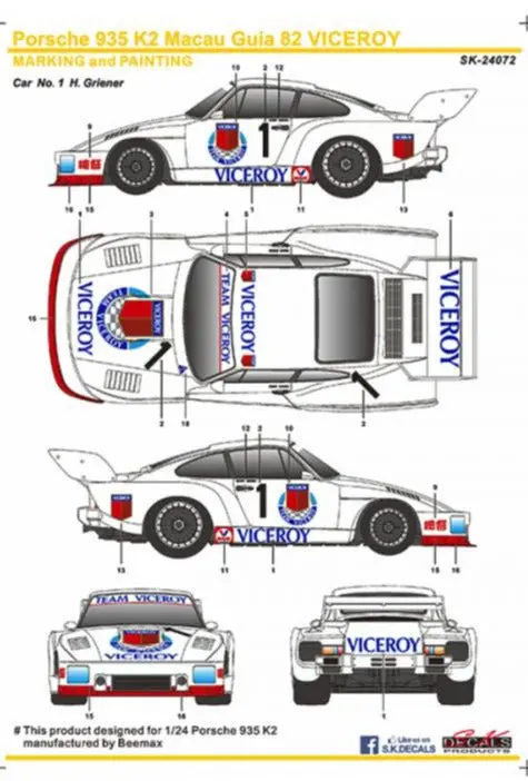 Sk Decals Porsche 935 K2 Macau Guia '82 Viceroy 1