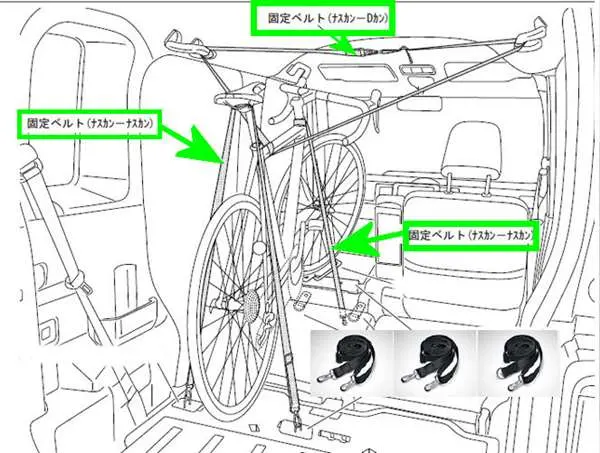 『ウェイク』 純正 La700s La710s サイクルホルダー用の固定ベルトb（3本セット）のみ ※他必要部品は別売 パーツ ダイハツ純正部品 自転車固定 オプション アクセサリー 用品 1